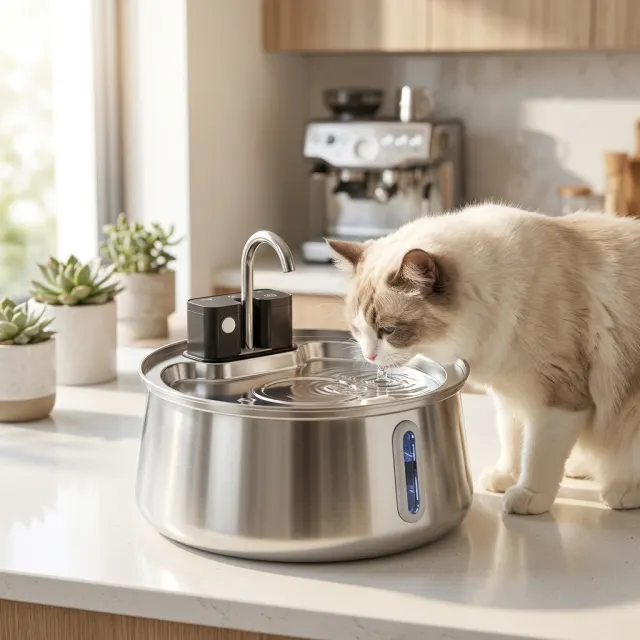 Cat drinking from the FounTail stainless steel fountain on a kitchen counter